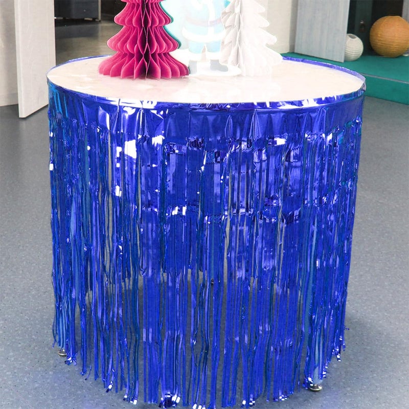 Blukey Set of 2 Metallic Foil Fringe Table Skirt 29x108 Inch Tinsel Disposable Skirting for Parade Floats Trailer, Mardi Gras Party, Birthday, Baby Shower, Wedding (Blue) - Image 5